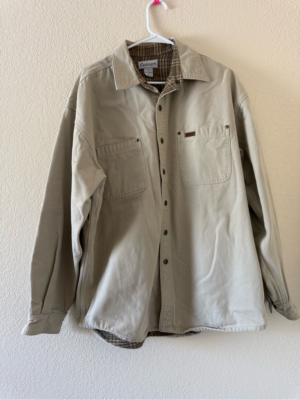 Carhartt S296 Heavy Flannel Lined Canvas Shirt Jacket Mens L Tan Snap Distressed
